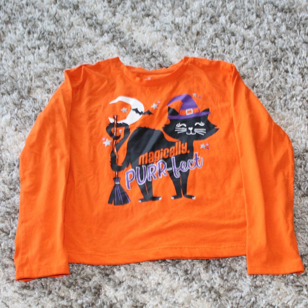 Girls Celebrate Halloween Orange Magical Black Cat Long Sleeve Halloween Shirt L